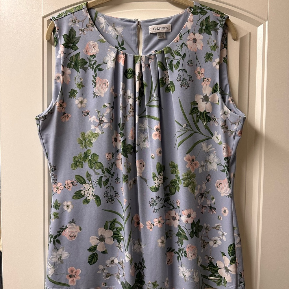 Calvin Klein Pink and Green Sleeveless Pleated Blouse